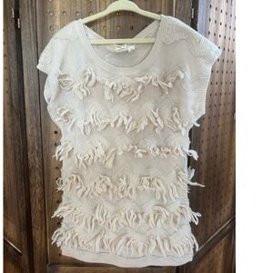 Anthropologie Yellow Bird Creme Fringe Short Sleeve Sweater Women's Medium